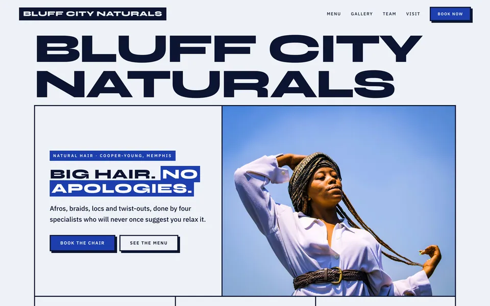 Bluff City Naturals website design — bold brutalist type layout