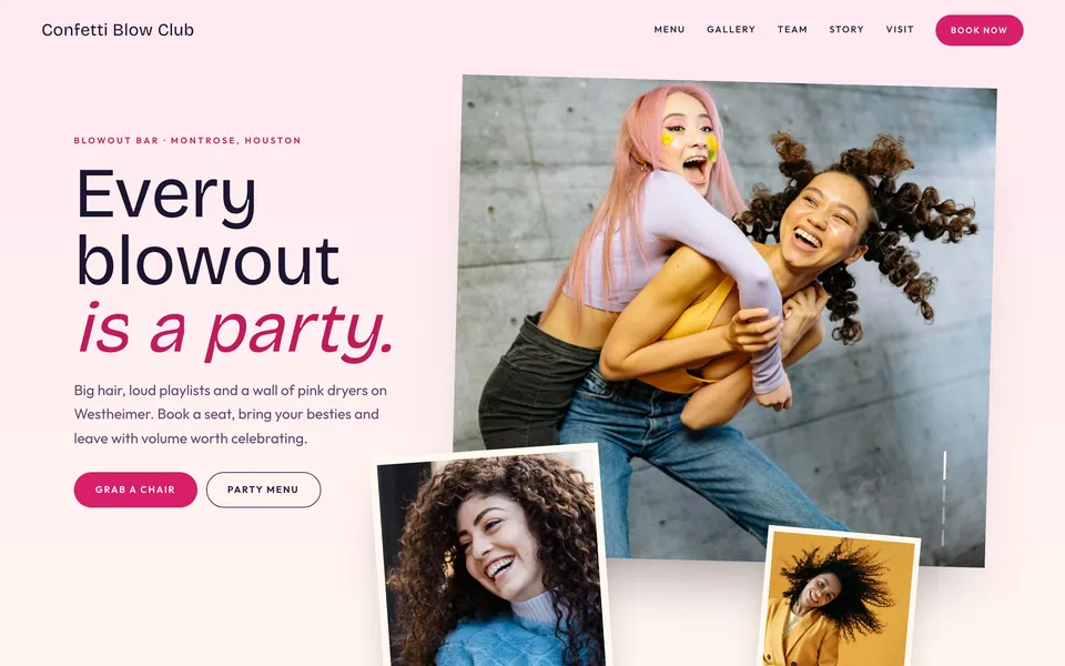 Confetti Blow Club website design — asymmetric collage layout