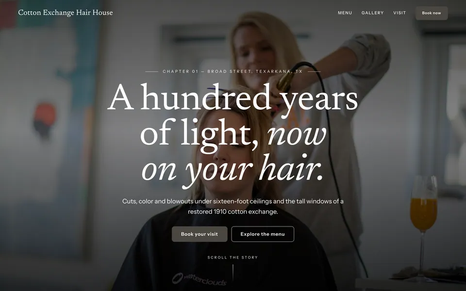Cotton Exchange Hair House website design — vertical-scroll story layout