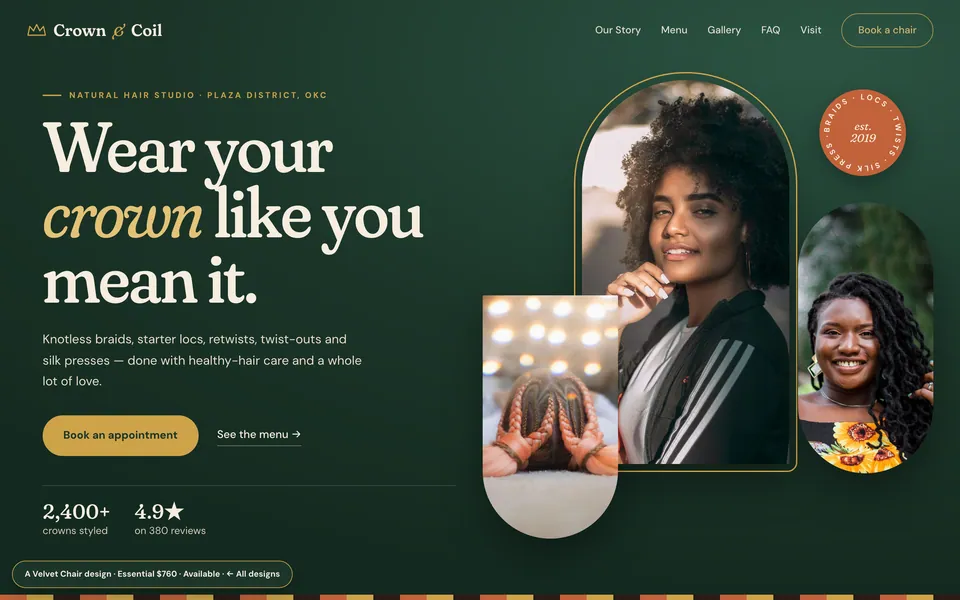 Crown & Coil website design — asymmetric collage layout