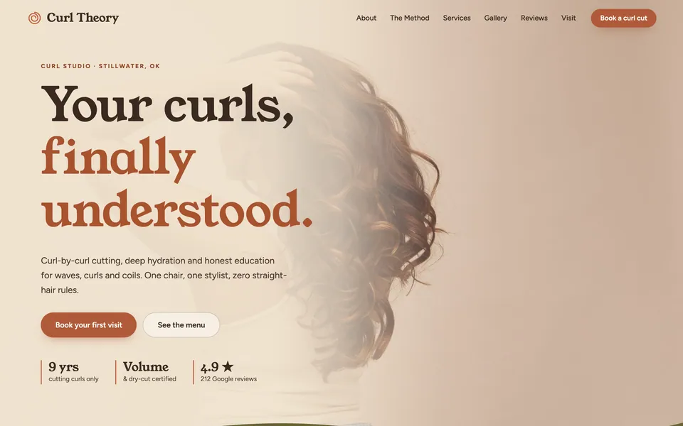 Curl Theory website design — soft romantic serif layout