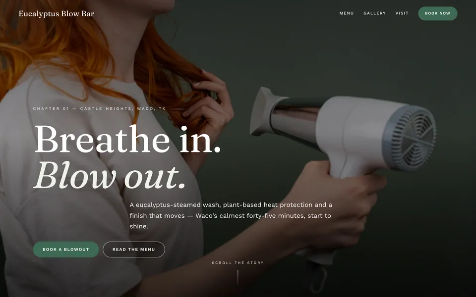 Eucalyptus Blow Bar website design — vertical-scroll story layout