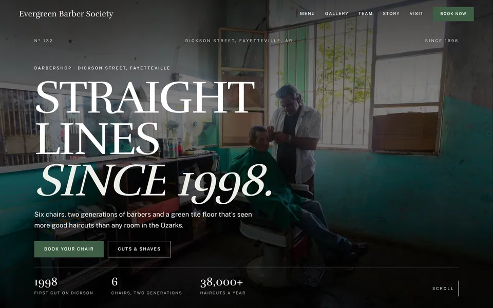 Evergreen Barber Society website design — full-bleed editorial layout
