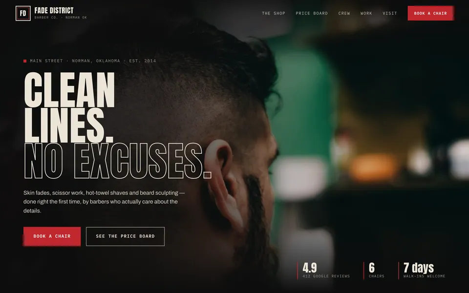Fade District website design — bold brutalist type layout