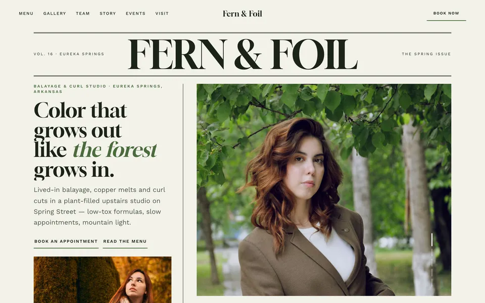 Fern & Foil website design — magazine grid layout