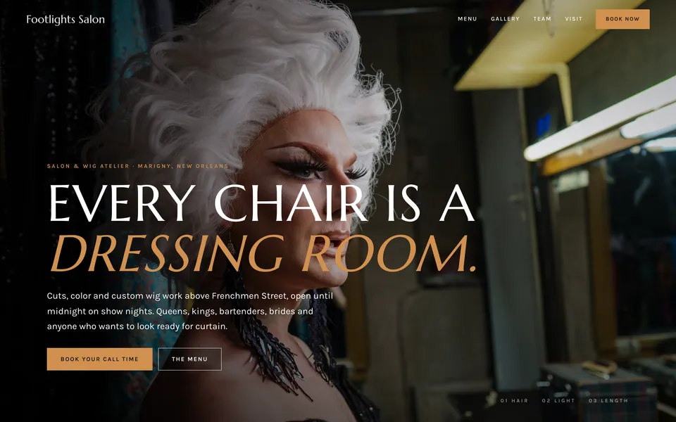 Footlights Salon website design — dark moody gallery layout