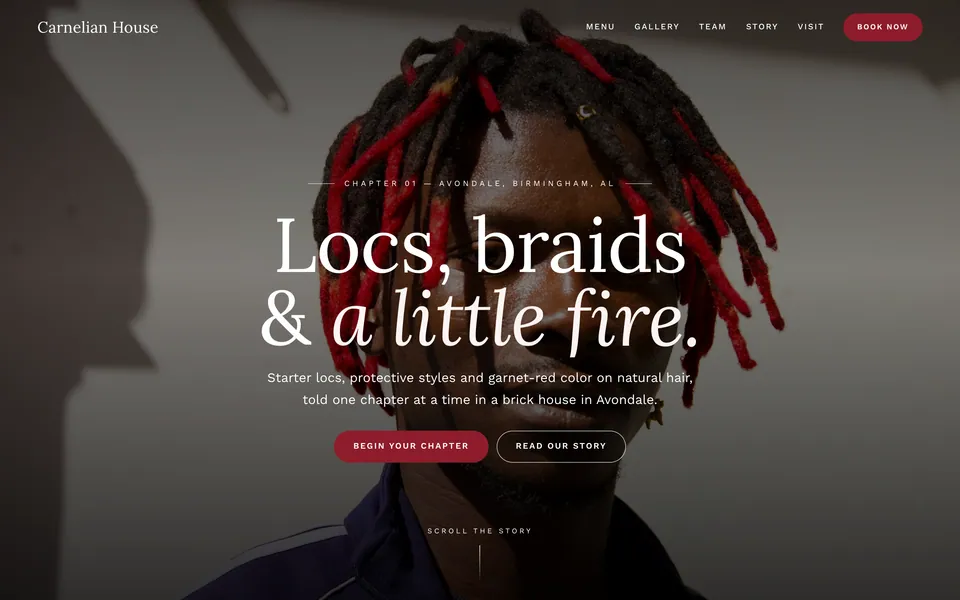 Carnelian House website design — vertical-scroll story layout