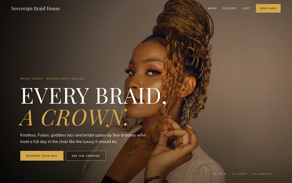 Sovereign Braid House website design — dark moody gallery layout
