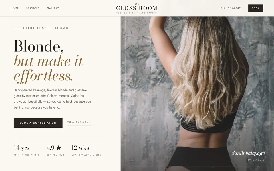 The Gloss Room website design — split screen layout