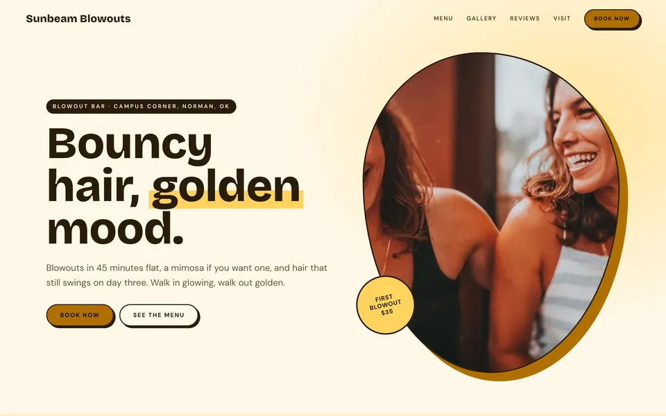 Sunbeam Blowouts website design — bright & playful layout