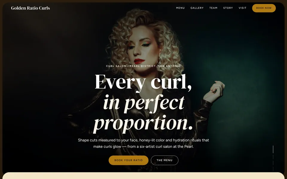 Golden Ratio Curls website design — stacked image cards layout