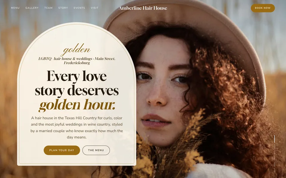Amberline Hair House website design — soft romantic serif layout