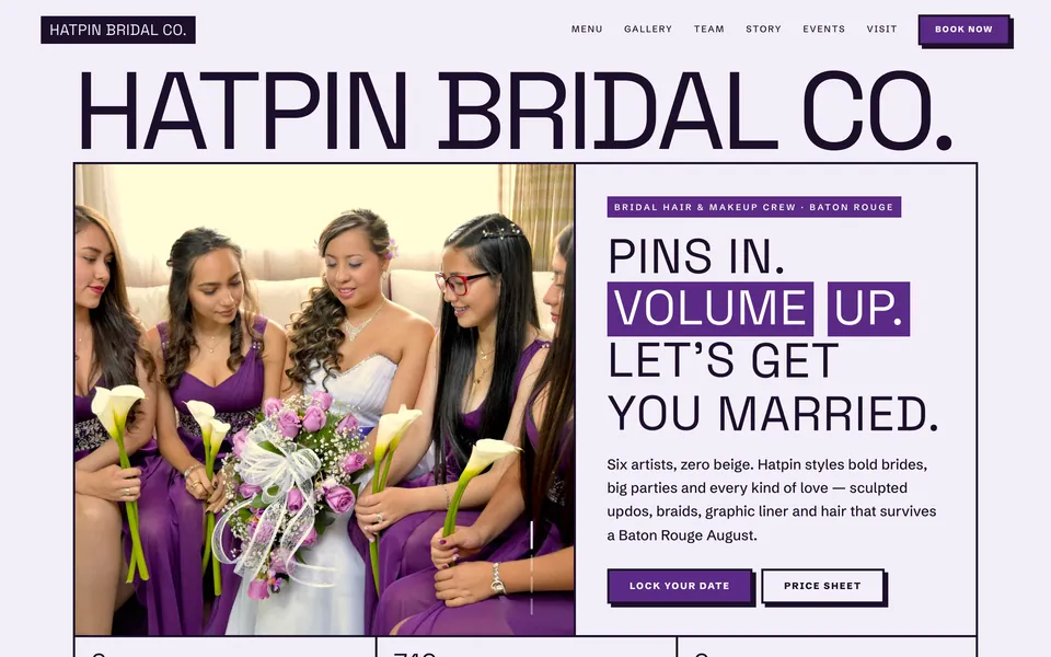 Hatpin Bridal Co. website design — bold brutalist type layout