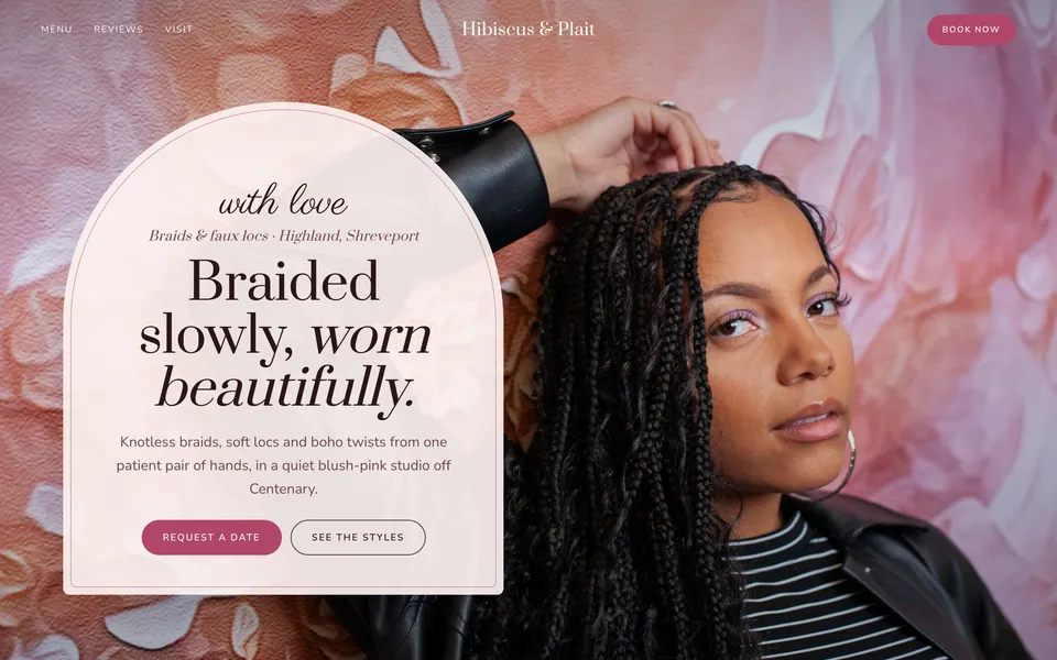Hibiscus & Plait website design — soft romantic serif layout