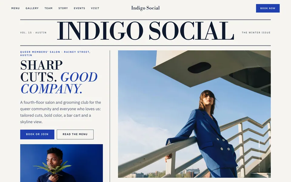 Indigo Social website design — magazine grid layout