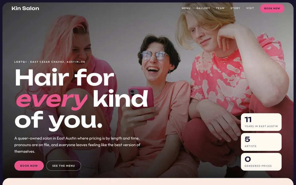 Kin Salon website design — stacked image cards layout