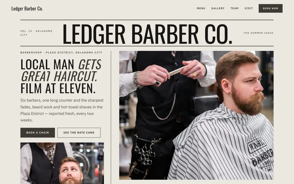 Ledger Barber Co. website design — magazine grid layout