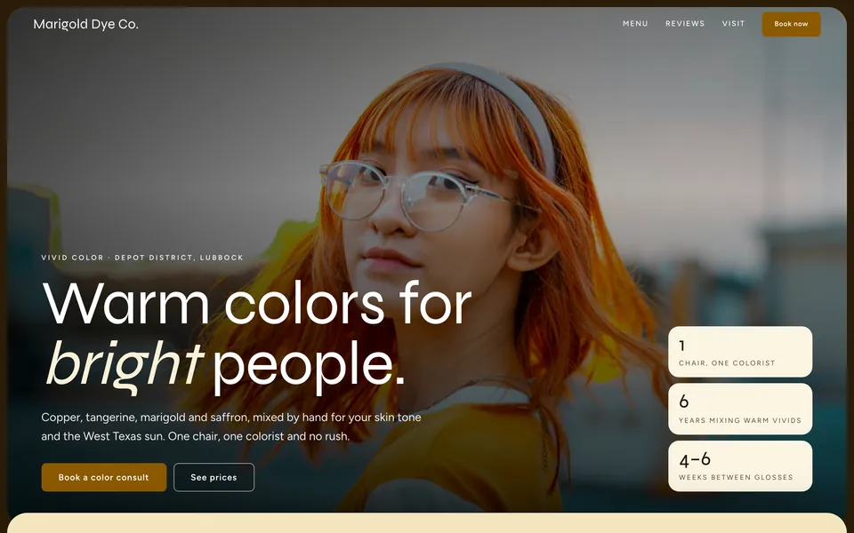 Marigold Dye Co. website design — stacked image cards layout
