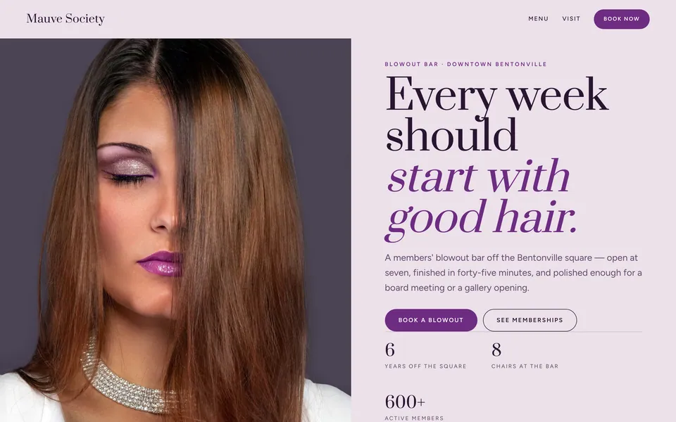Mauve Society website design — split screen layout