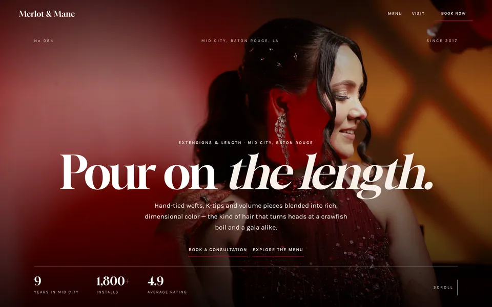 Merlot & Mane website design — full-bleed editorial layout
