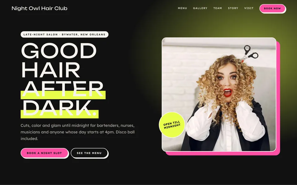 Night Owl Hair Club website design — bright & playful layout