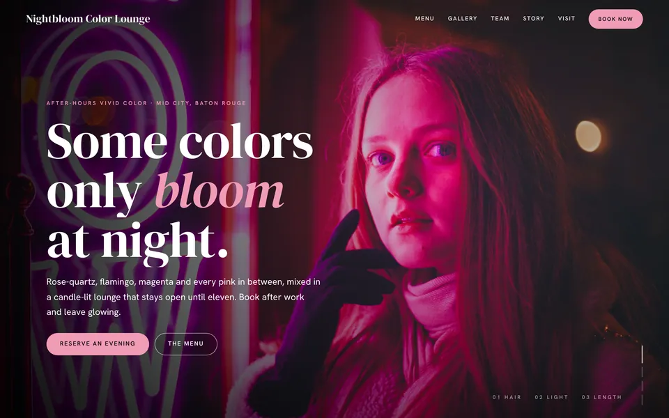 Nightbloom Color Lounge website design — dark moody gallery layout