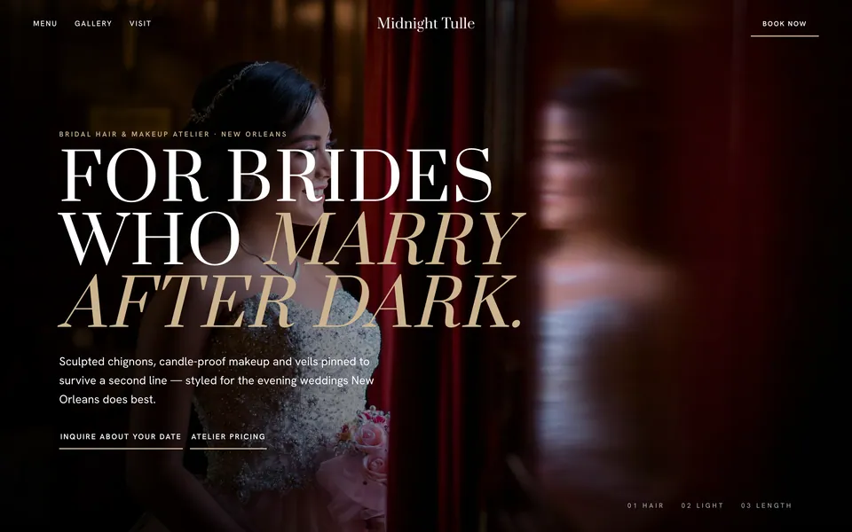 Midnight Tulle website design — dark moody gallery layout
