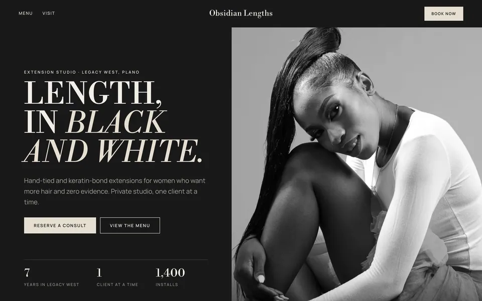 Obsidian Lengths website design — split screen layout