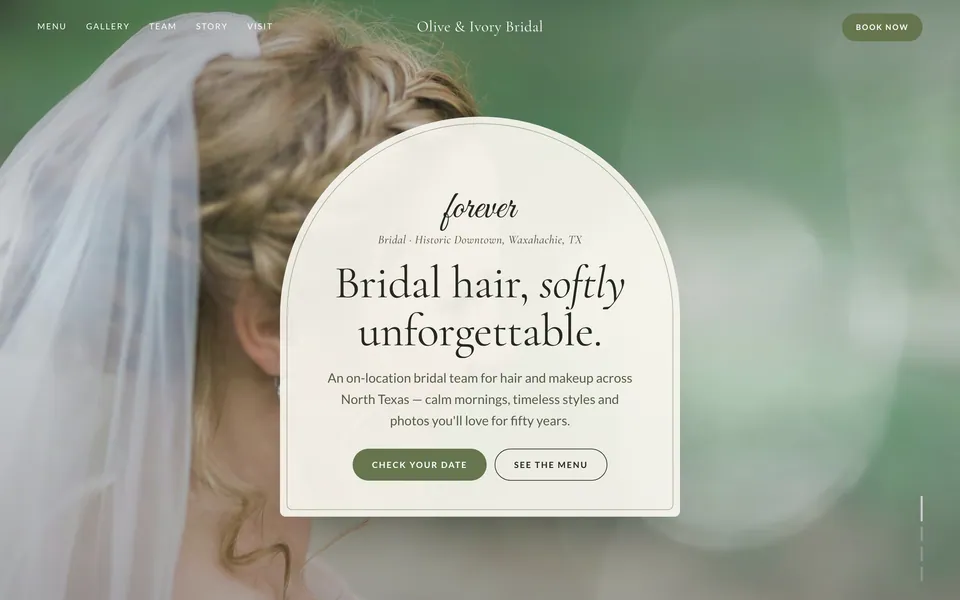 Olive & Ivory Bridal website design — soft romantic serif layout