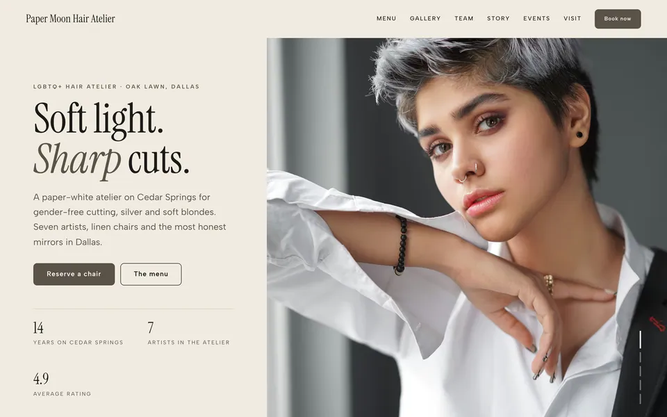 Paper Moon Hair Atelier website design — split screen layout