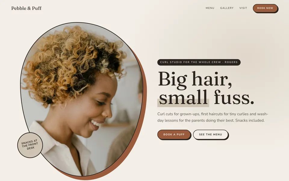 Pebble & Puff website design — bright & playful layout
