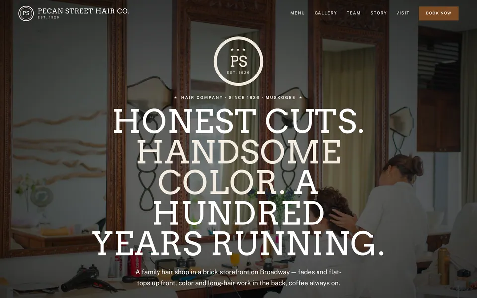 Pecan Street Hair Co. website design — classic barbershop layout