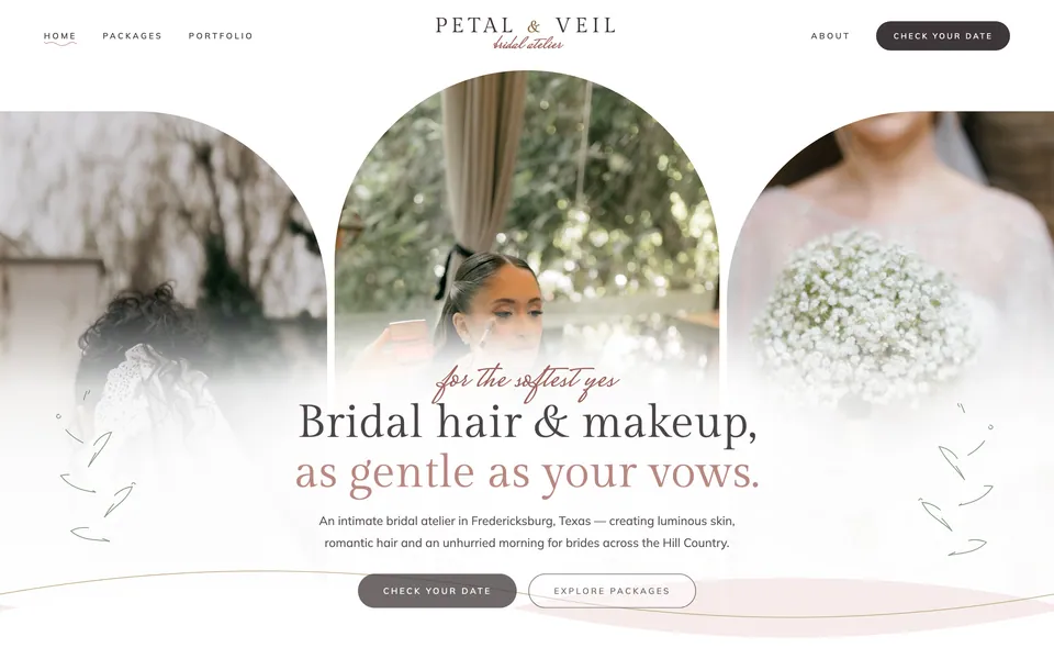 Petal & Veil website design — centered luxury minimal layout