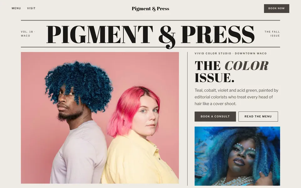 Pigment & Press website design — magazine grid layout