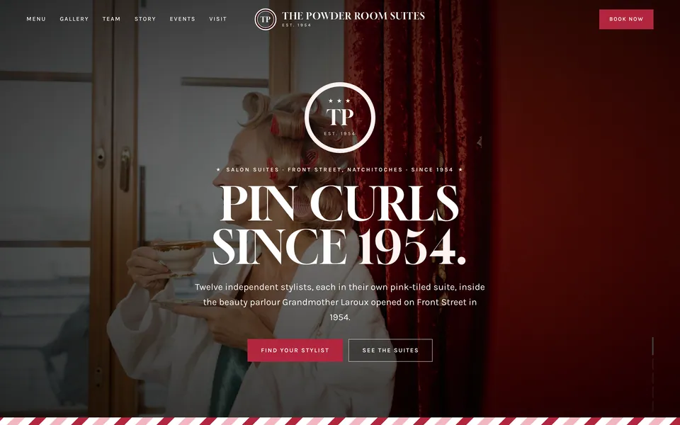 The Powder Room Suites website design — classic barbershop layout