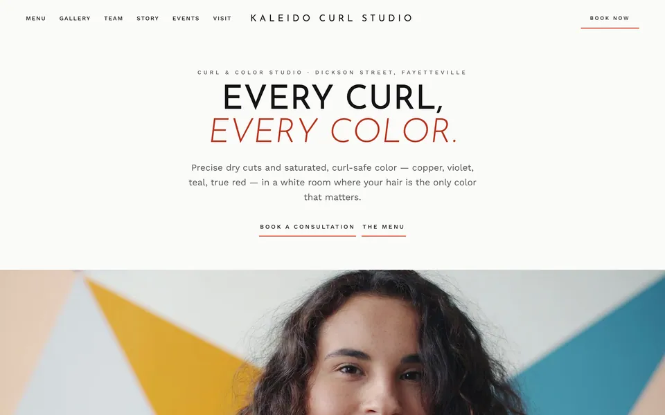 Kaleido Curl Studio website design — centered luxury minimal layout