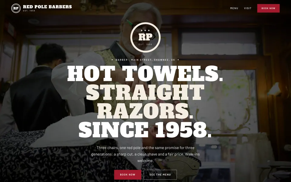 Red Pole Barbers website design — classic barbershop layout