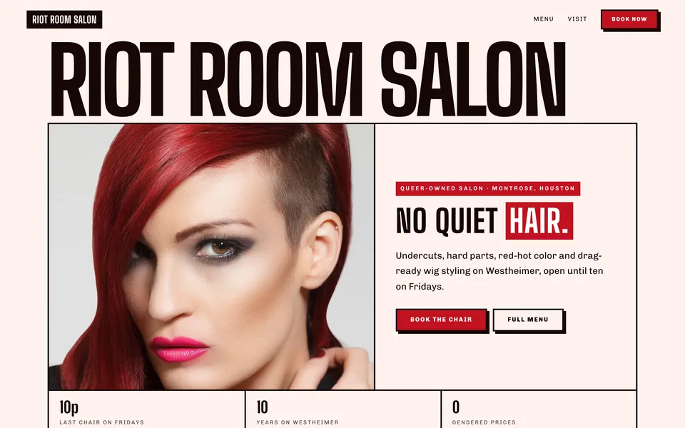 Riot Room Salon website design — bold brutalist type layout
