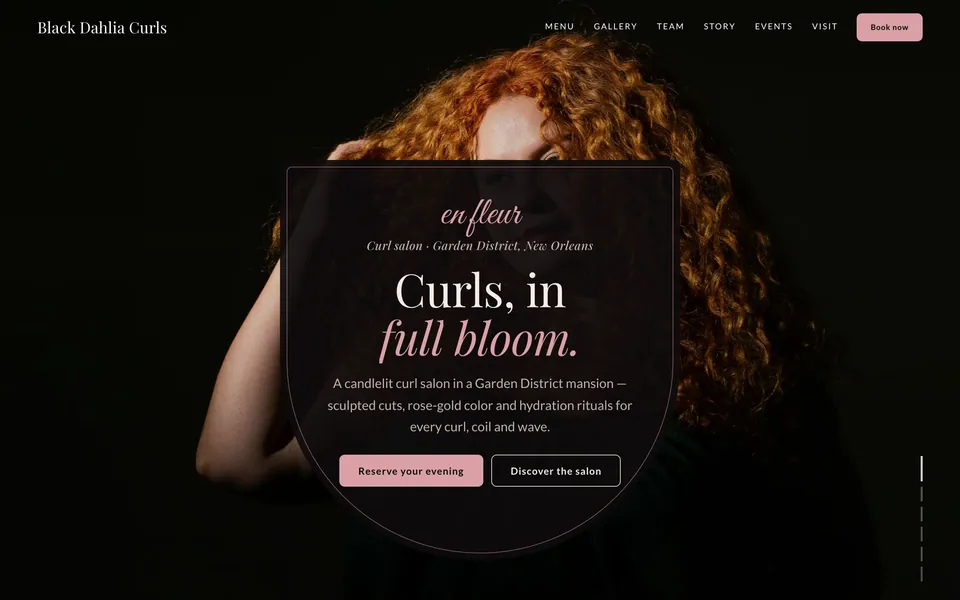 Black Dahlia Curls website design — soft romantic serif layout