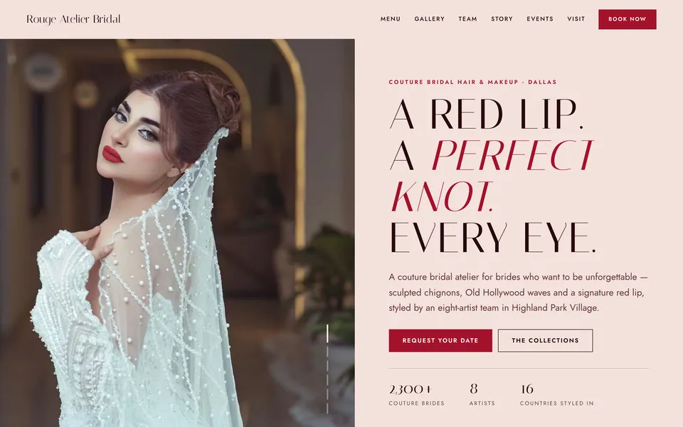 Rouge Atelier Bridal website design — split screen layout