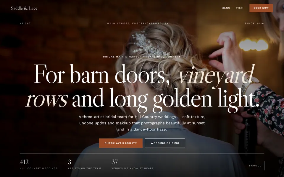 Saddle & Lace website design — full-bleed editorial layout