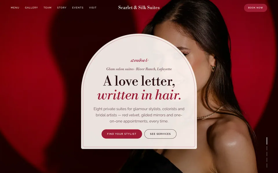 Scarlet & Silk Suites website design — soft romantic serif layout