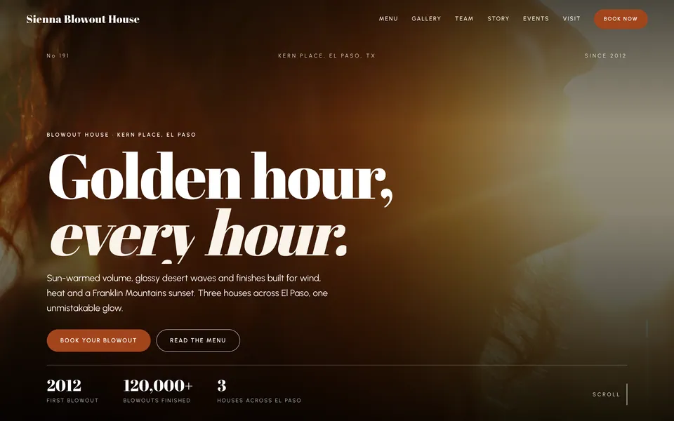 Sienna Blowout House website design — full-bleed editorial layout