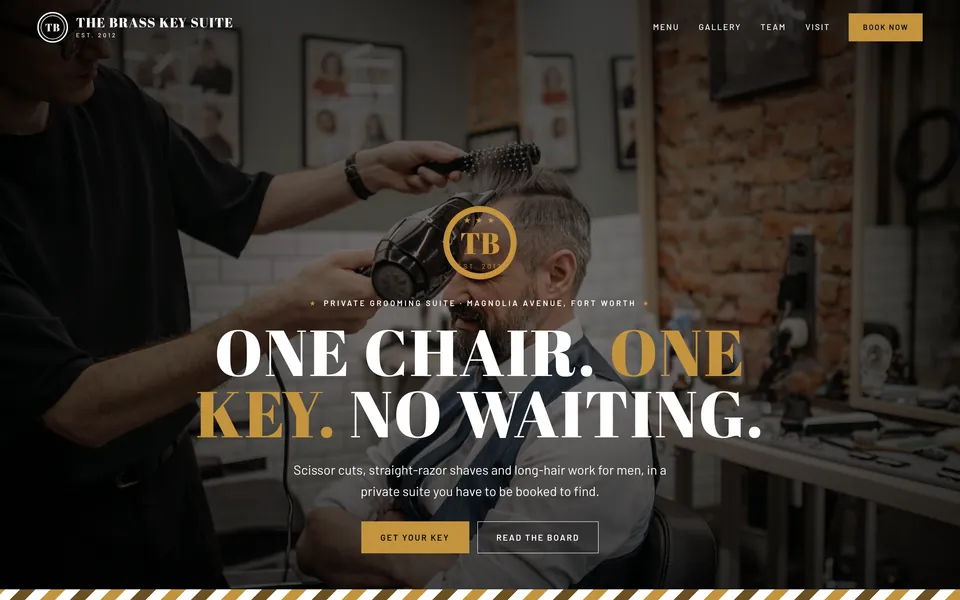 The Brass Key Suite website design — classic barbershop layout