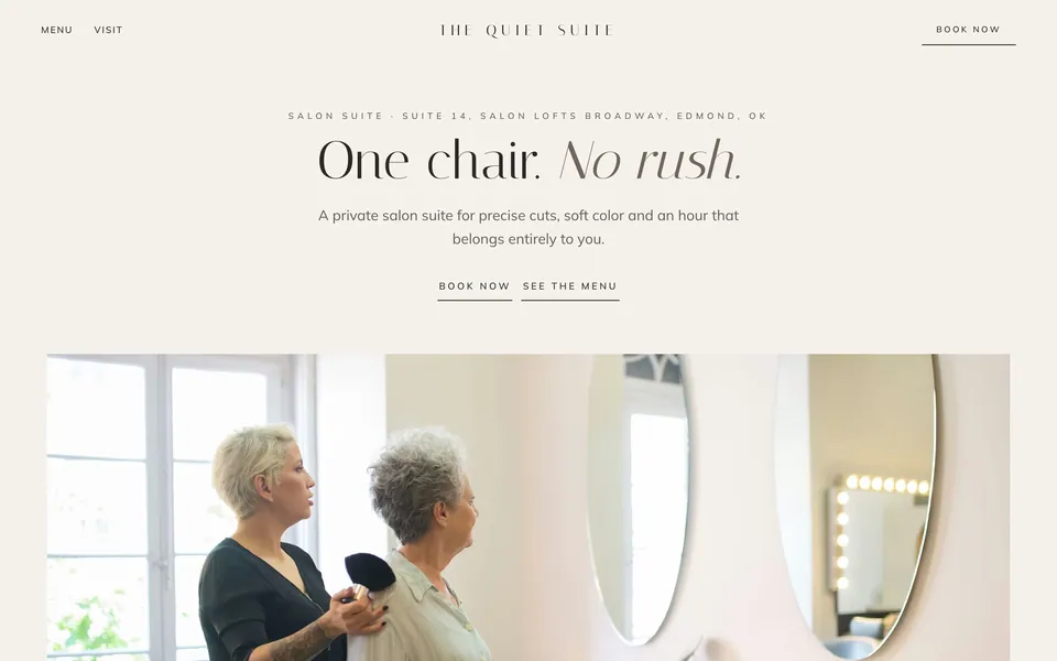 The Quiet Suite website design — centered luxury minimal layout