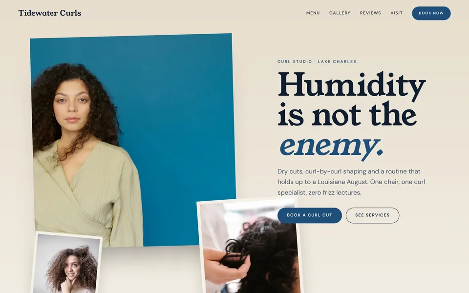 Tidewater Curls website design — asymmetric collage layout