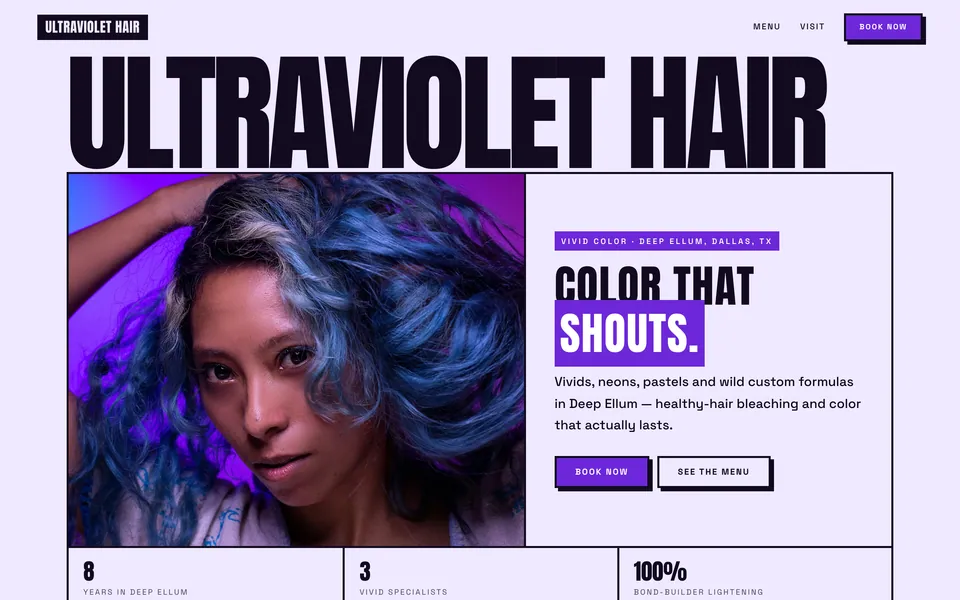 Ultraviolet Hair website design — bold brutalist type layout
