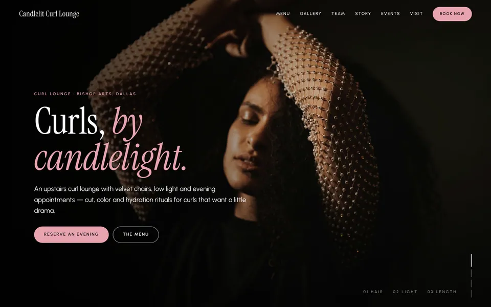 Candlelit Curl Lounge website design — dark moody gallery layout