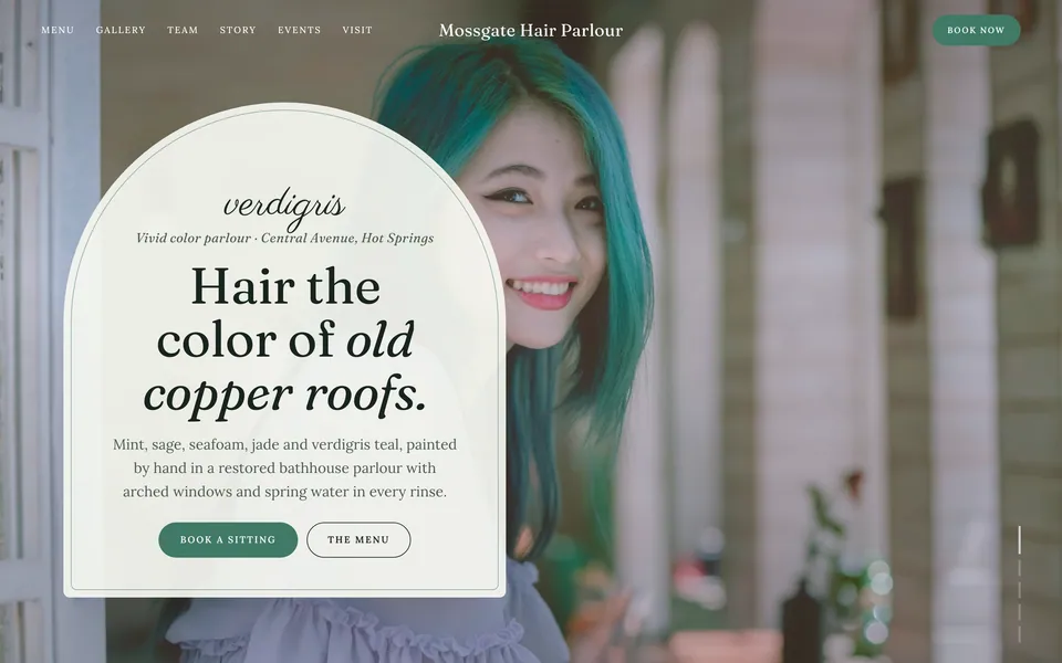 Mossgate Hair Parlour website design — soft romantic serif layout