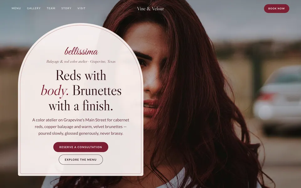 Vine & Velour website design — soft romantic serif layout
